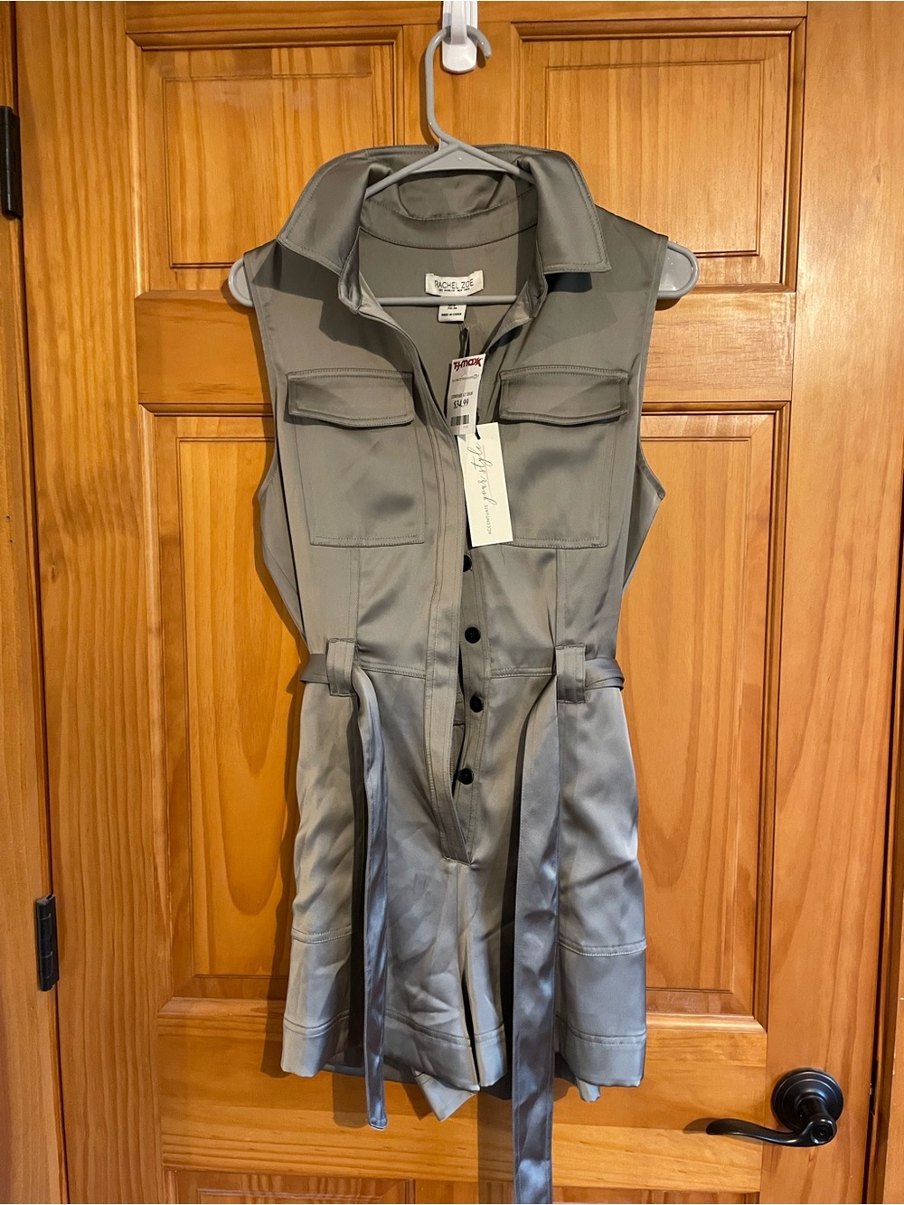 NWT Rachel Zoe Utility Satin Belted Sleeveless Romper Gray Size 4